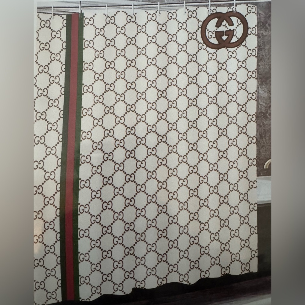 Elegant Patterned Shower Curtain Set - Cream and Brown - Picture 3 of 7